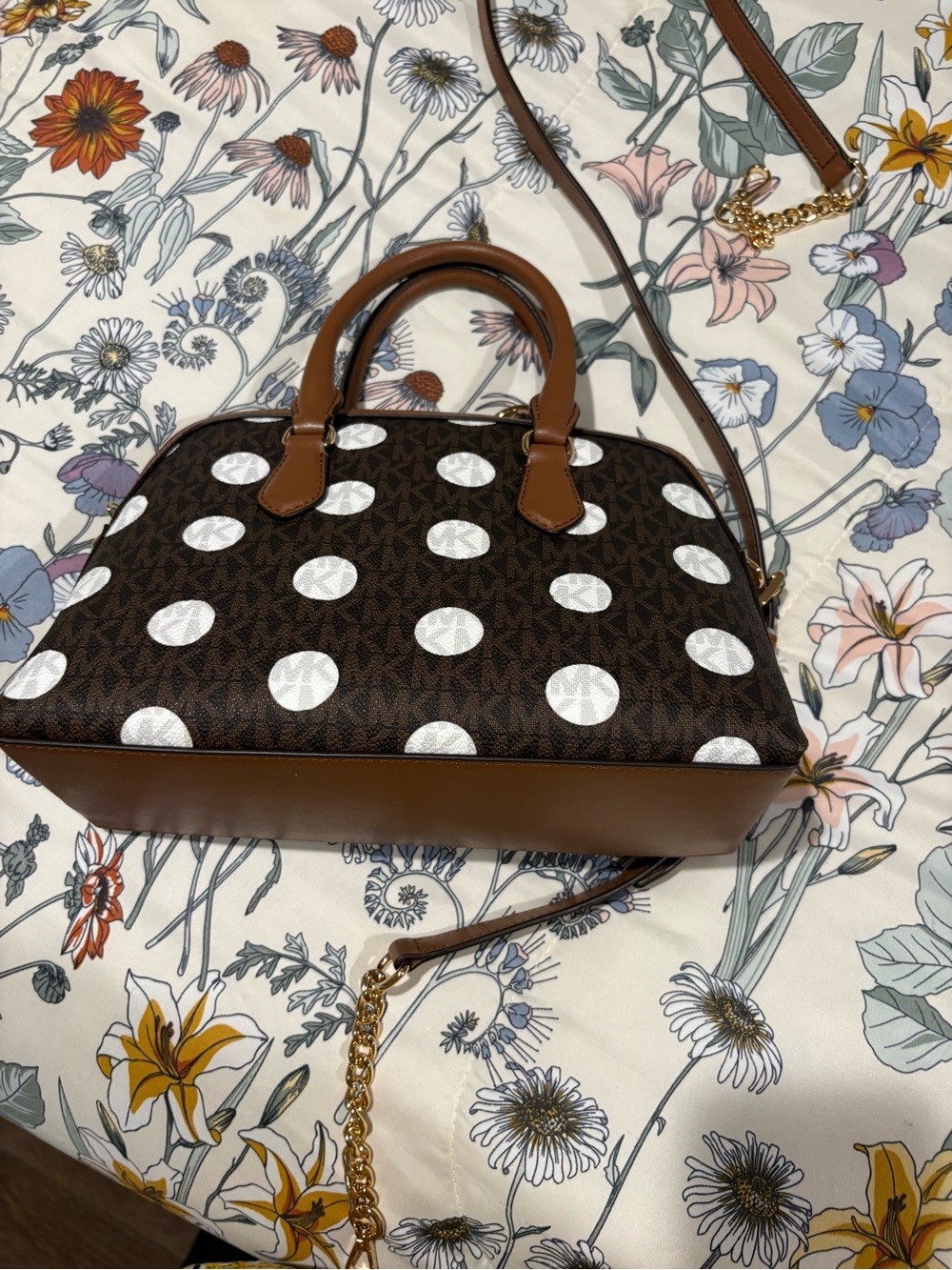 Michael Kors Brown Logo Satchel with White Polka Dots - Picture 2 of 5